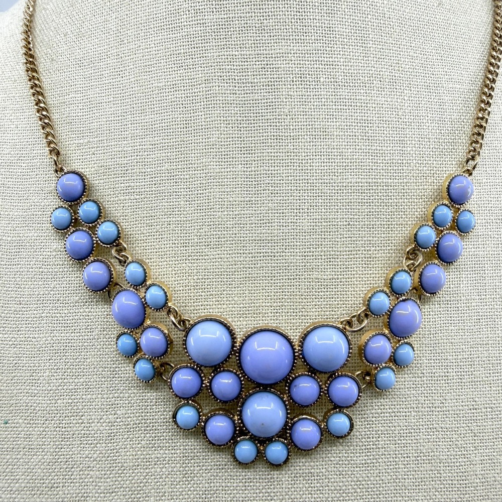 Statement Pastel Blue Beaded Bib Necklace Gold Tone Boho Layering Chic Jewelry